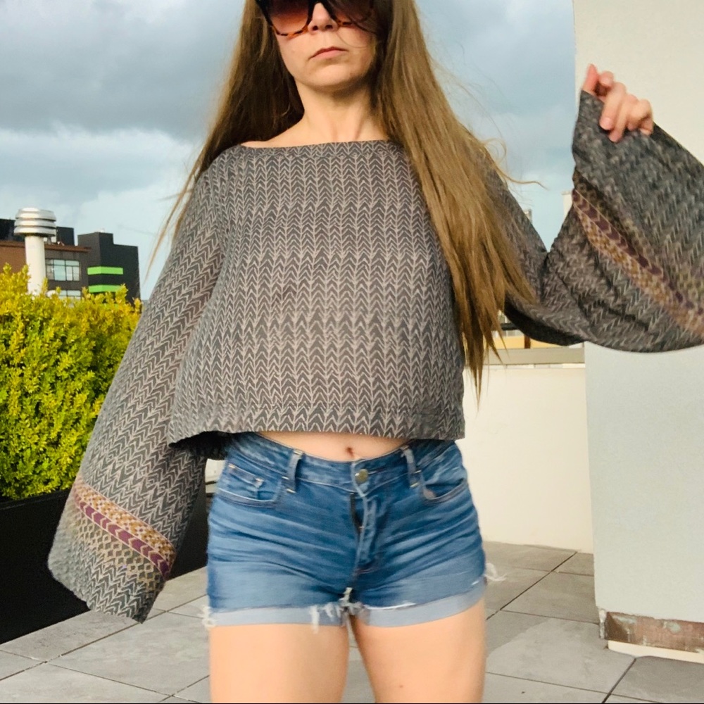 Free People Geometric Abstract Chevron Boatneck Statement Flare Bell Sleeve Top - Picture 6 of 16